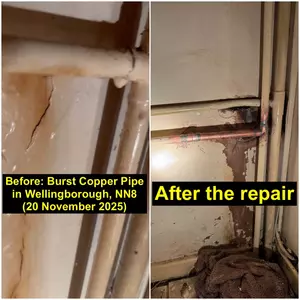 Burst copper water pipe repaired in Hemmingwell, Wellingborough (NN8) by Normz Plumbing, 20 November 2025.