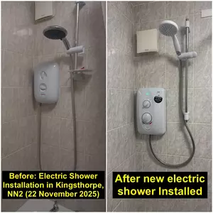 Electric shower installation in Kingsthorpe (NN2 6) with new shower hose and head by Normz Plumbing, completed 22 November 2025.
