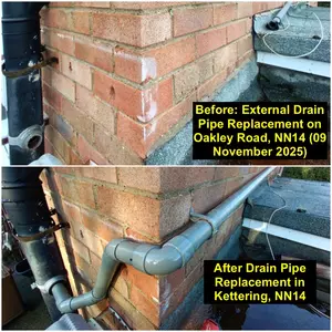 External drain pipe replacement and rainwater down-pipe upgrade on Oakley Road, Kettering (NN14) completed 09 November 2025 by Normz Plumbing & Heating Services.