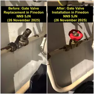 Gate valve replacement on mains pipe at High Street, Finedon (NN9) by Normz Plumbing, 26-11-2025.