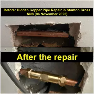 Hidden copper water pipe repaired with compression repair coupler in Stanton Cross, Wellingborough (06-11-2025) by Normz Plumbing & Heating Services.