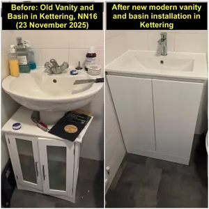 Modern square-style white gloss vanity unit with wash basin installed in Kettering (NN16) by Normz Plumbing, completed 23 November 2025.
