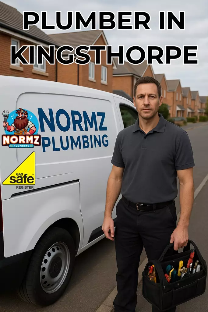 Professional plumber from Normz Plumbing standing beside branded white van on a quiet residential street in Kingsthorpe, Northampton.