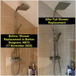 Shower replacement in Barton Seagrave (NN15) with rainfall and hand-held shower, installed 17 November 2025 by Normz Plumbing & Heating.
