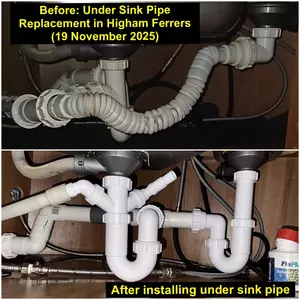 Under-sink waste pipe and trap replacement in Higham Ferrers (NN10) by Normz Plumbing & Heating, completed 19 November 2025.