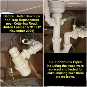 Under-sink kitchen waste pipe and trap replacement in Burton Latimer (NN15) completed 12 November 2025 by Normz Plumbing & Heating Services.