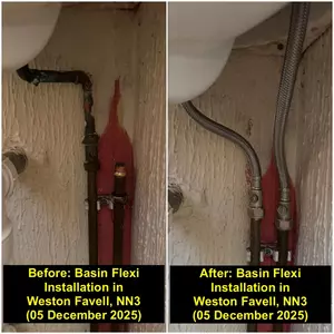 Flexible hose plumbing and isolation valve installation under bathroom basin in Weston Favell (NN3) by Normz Plumbing & Heating on 05-12-2025