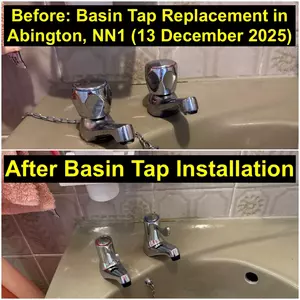 Bathroom basin tap replacement completed on 13-12-2025 near Lea Road and Abington Avenue NN1 4 Abington with new easy-use hot and cold taps