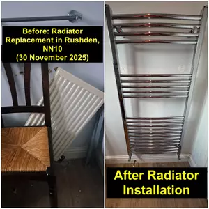 Toilet radiator installation with modern silver towel radiator in Rushden (NN10) by Normz Plumbing & Heating, completed on 30-11-2025