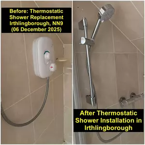 Thermostatic shower installation in Irthlingborough (NN9) by Normz Plumbing & Heating on 06-12-2025.