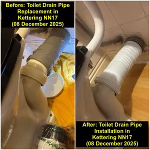 Toilet drain pipe replacement in Kettering (NN17) by Normz Plumbing & Heating on 08-12-2025.