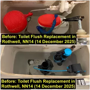 Modern toilet flush mechanism replacement in Rothwell NN14 near Desborough, showing new fill valve and flush mechanism fitted on 14-12-2025