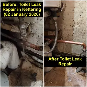 Toilet leak repair with new copper pipe and shut-off valve near Northampton Road NN15 in Kettering on 01-01-2026.