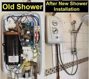 Emergency electric shower replacement completed near Hardwick Road NN8 Wellingborough on 23-02-2026 showing exposed wiring before installation and new modern shower unit fitted with upgraded shower head
