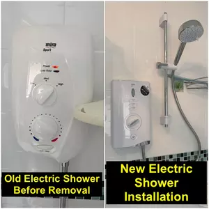 New electric shower unit installed on bathroom wall with hose and shower head