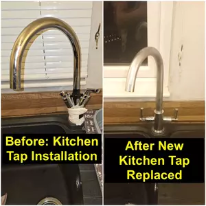 New mixer kitchen tap installed on kitchen sink with flexible hoses connected
