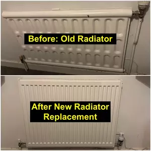 Radiator replacement near Weedon Road and Duston Road (NN5) showing old single radiator replaced with new double radiator on 24-03-2026