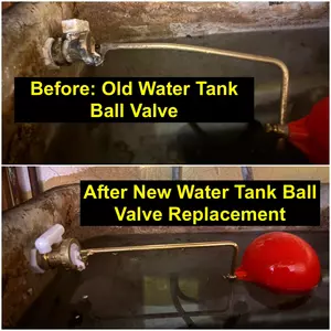 Cold water tank ball valve replacement near Gold Street NN8 in Wellingborough completed on 22-03-2026 showing old worn valve replaced with new float valve