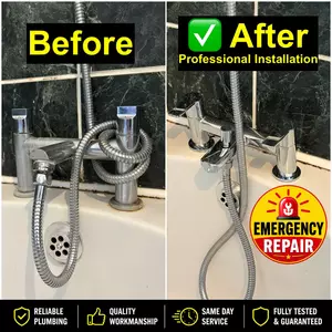 Before and after comparison showing bath mixer tap replacement completed in Corby on 27 June 2026