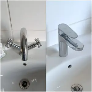 Old dual-handle basin tap replaced with a modern chrome single-lever mixer tap on Finedon Road, Wellingborough, on 13 October 2026