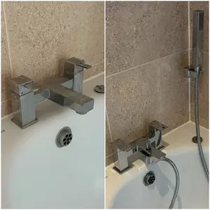 Old bath mixer tap replaced with a modern square chrome bath tap on Wellingborough Road, Rushden, on 19 October 2026