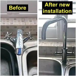 New polished-chrome kitchen mixer tap with a tall swan-neck spout fitted to a stainless-steel double-bowl sink in Glenvale Park, Wellingborough, on 26 October 2026.